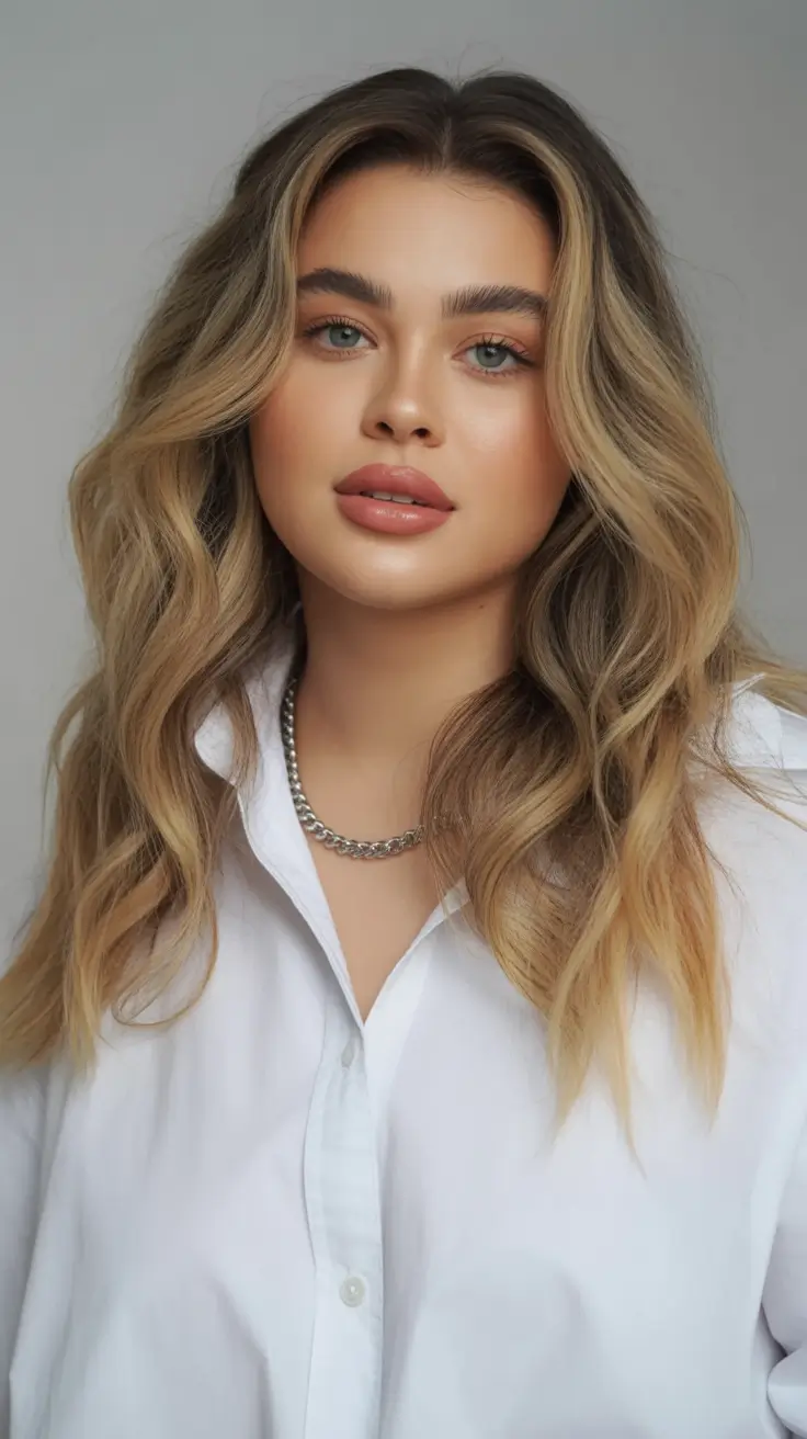 fall haircuts chubby face Classic Mid-Length with Golden Balayage