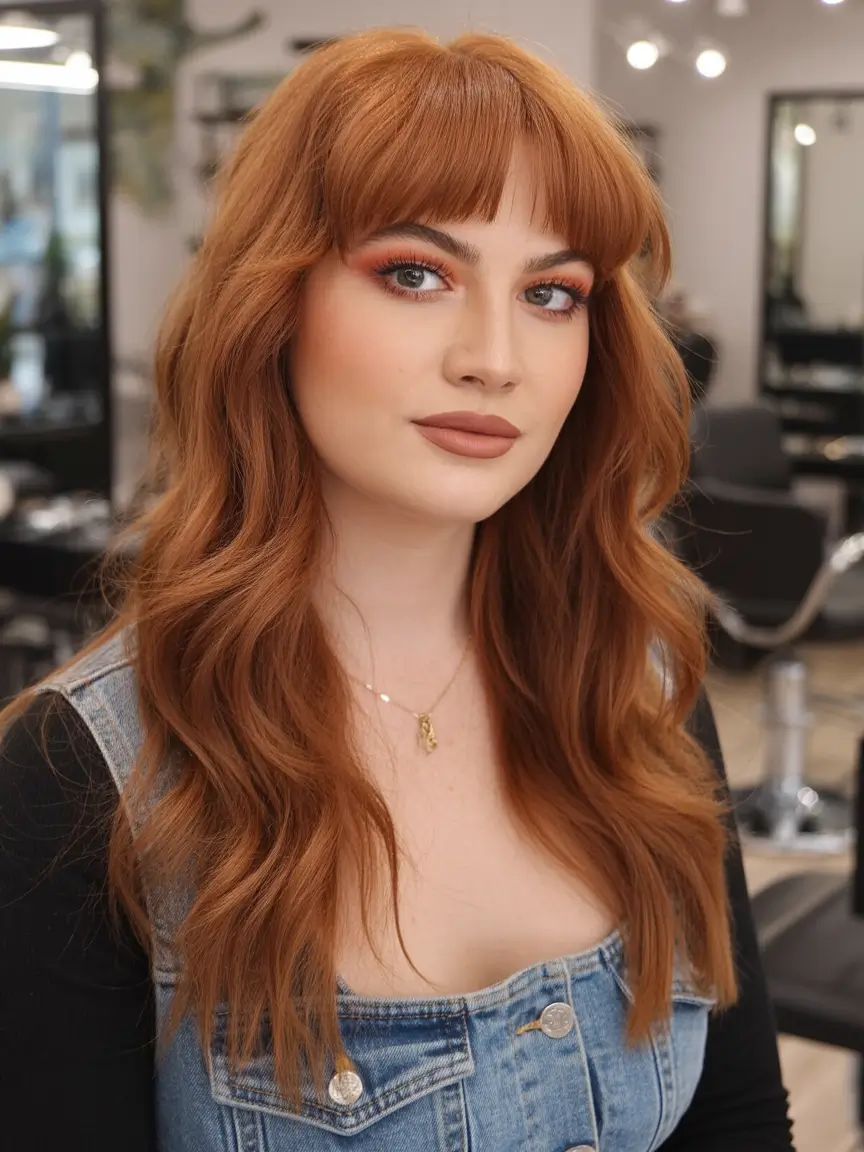 fall haircuts chubby face Retro Copper Layers with Full Fringe