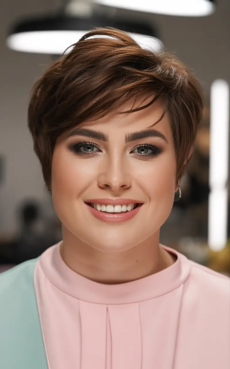 fall haircuts chubby face Textured Pixie with Smoky Brown Depth