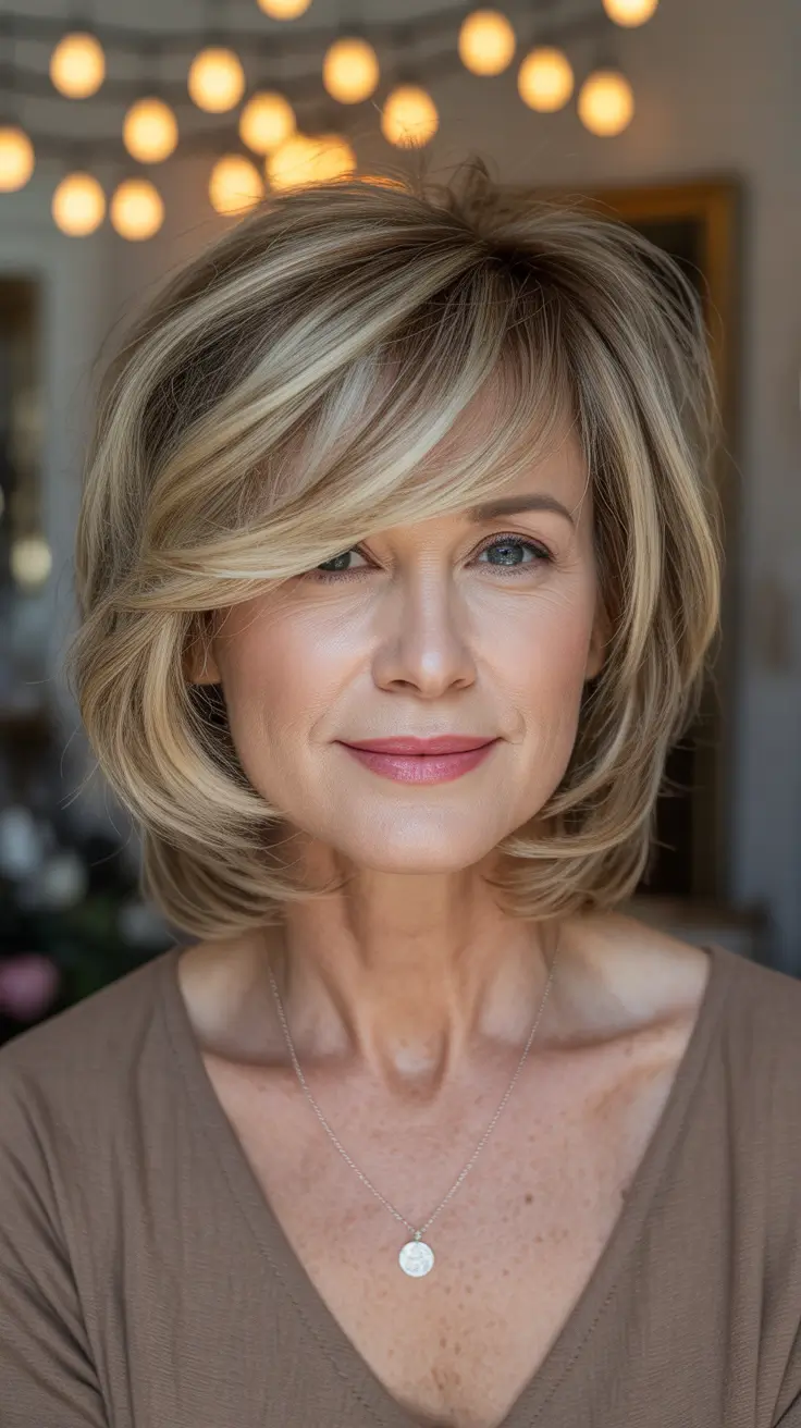 Fresh Fall 2025 Haircuts for Women Over 40 – Swingy Side-Swept Lob with Honey Lights