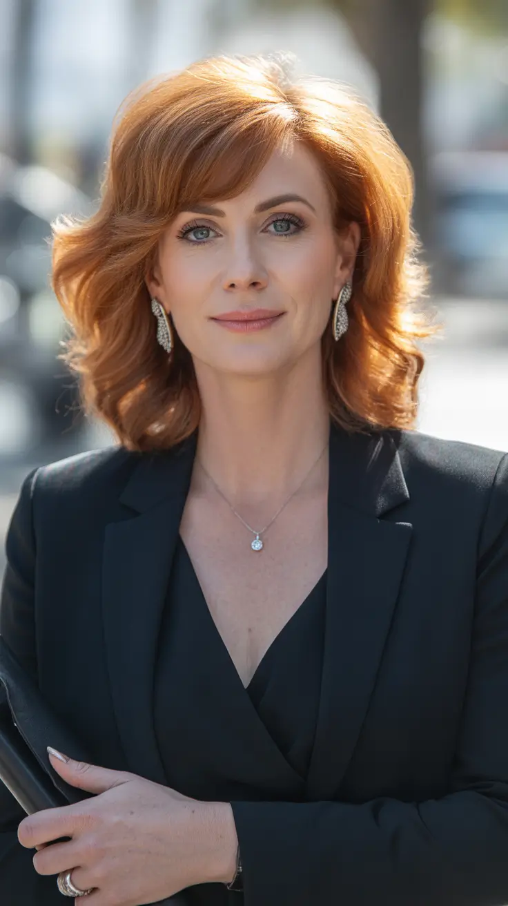 haircuts women over 40 – Polished Copper Mid-Length with Side Sweep