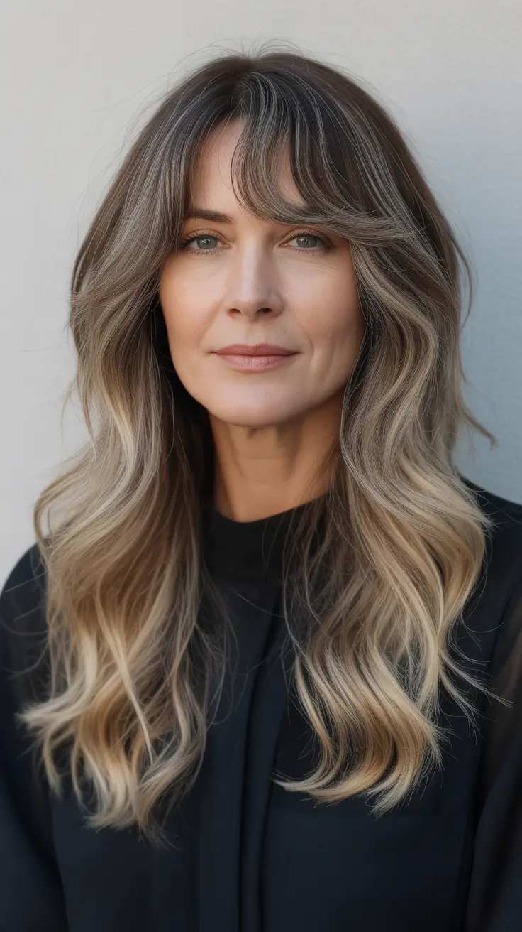Fresh Fall 2025 Haircuts for Women Over 40 – Curtain-Banged Long Layers with Soft Balayage