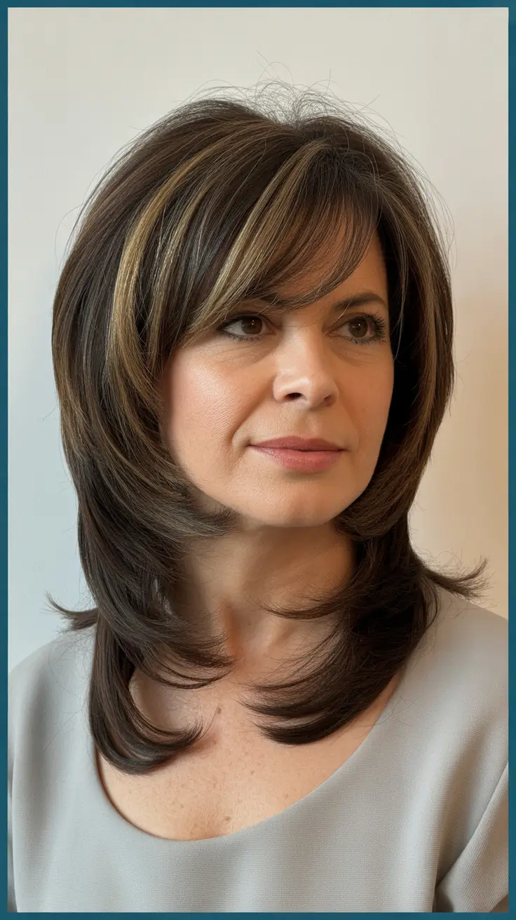 haircuts women over 40 – Feathered Mid-Length with Swoopy Bangs