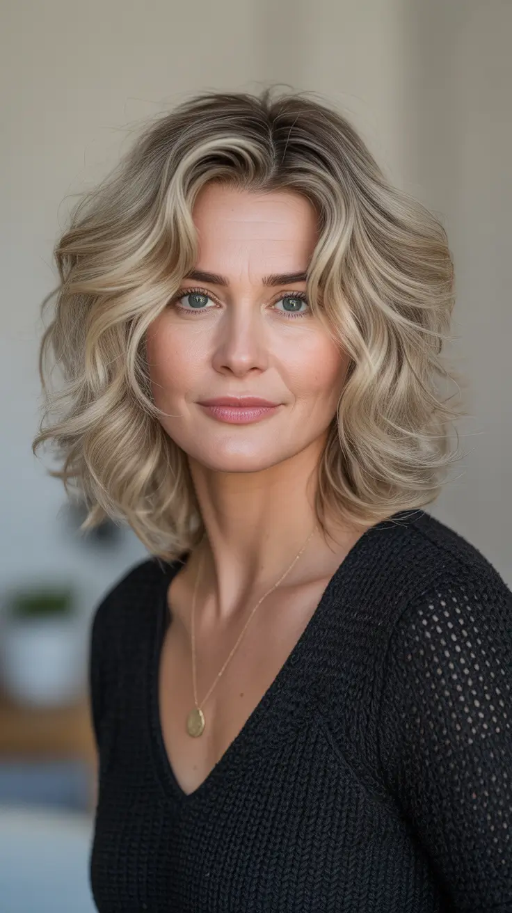 haircuts women over 40 – Champagne Curly Lob with Tousled Volume