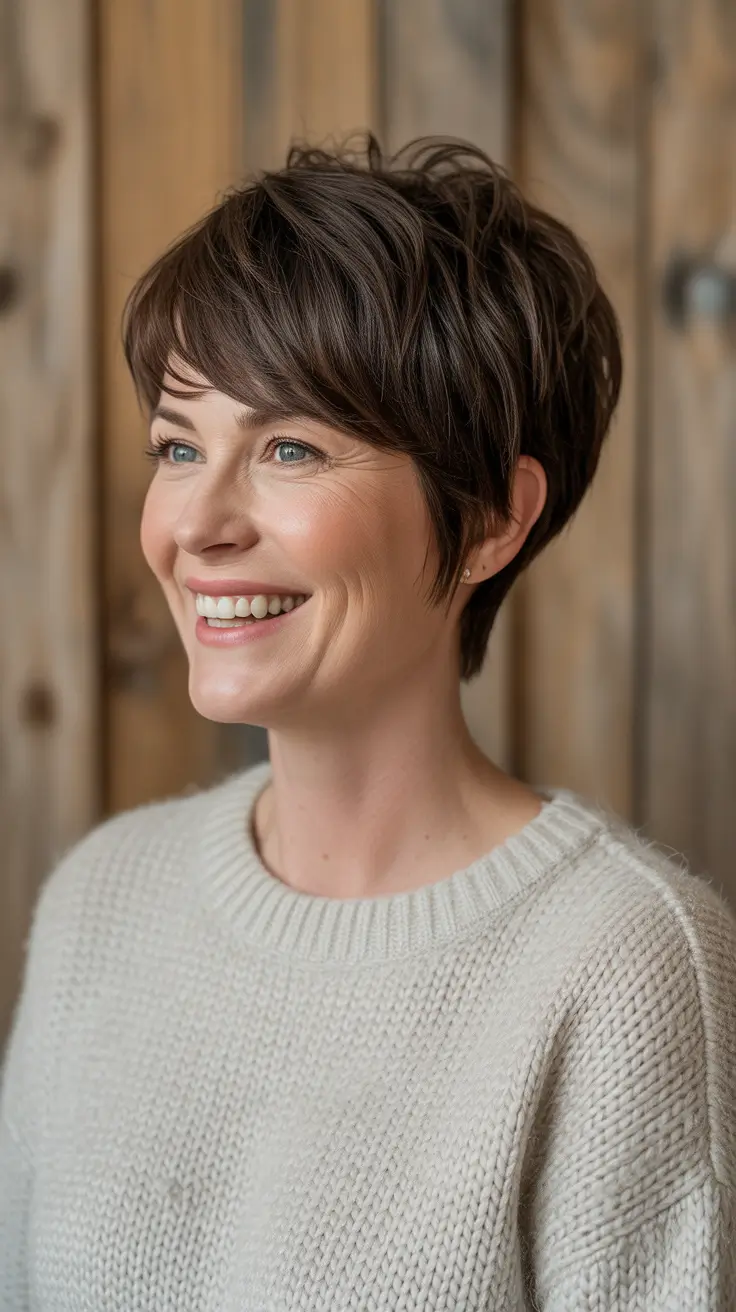 haircuts women over 40 – Fresh Pixie Layers with Side-Swept Fringe