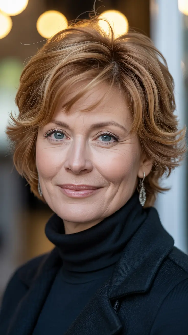 haircuts women over 40 – Caramel Shag-Bob with Airy Curtain Sweep
