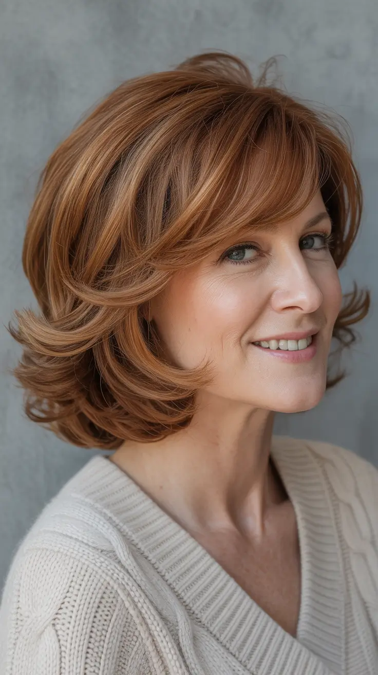 fall haircuts for women over 50 2025 – Soft Layered Copper Bob with Airy Bangs