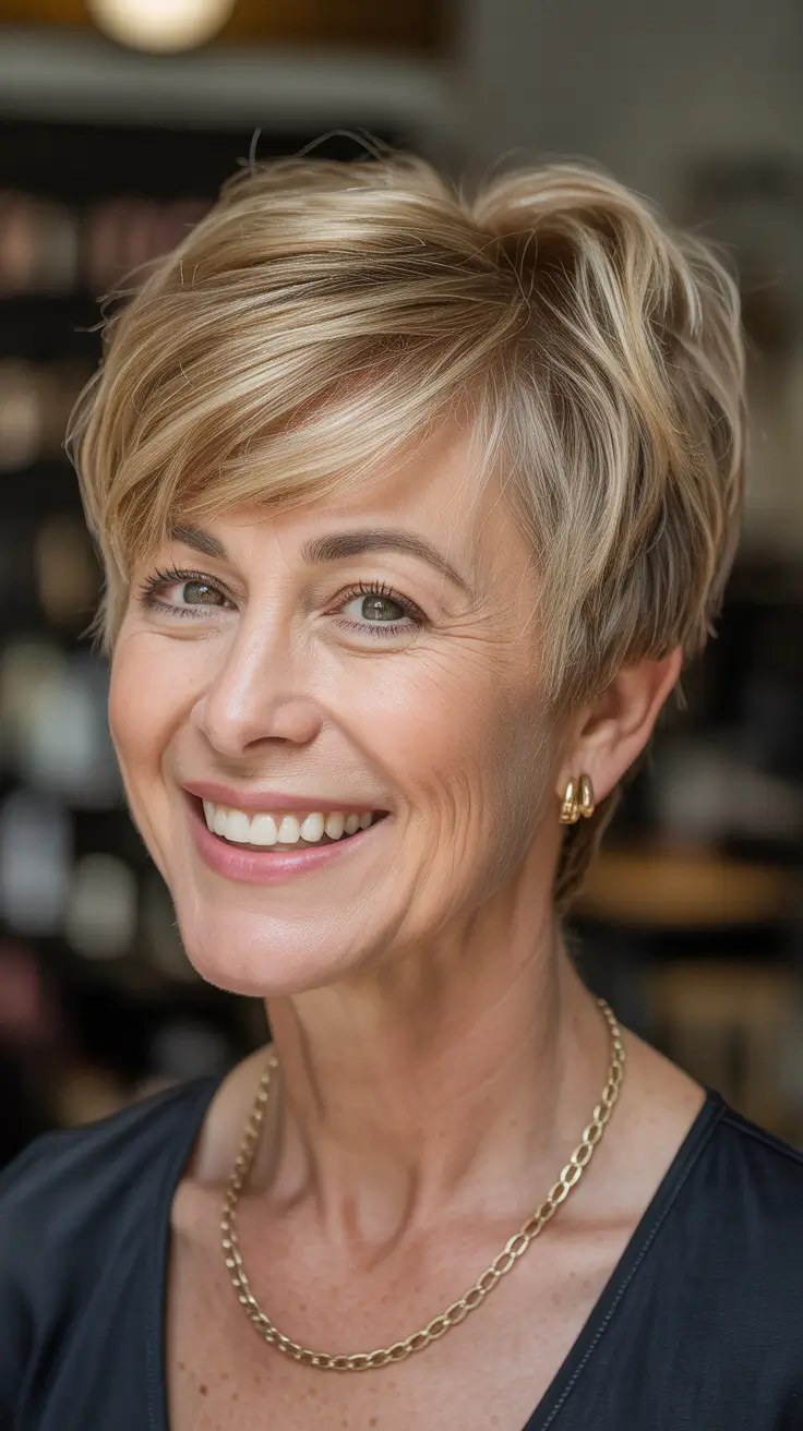 fall haircuts for women over 50 2025 – Tousled Honey Pixie with Side-Swept Fringe