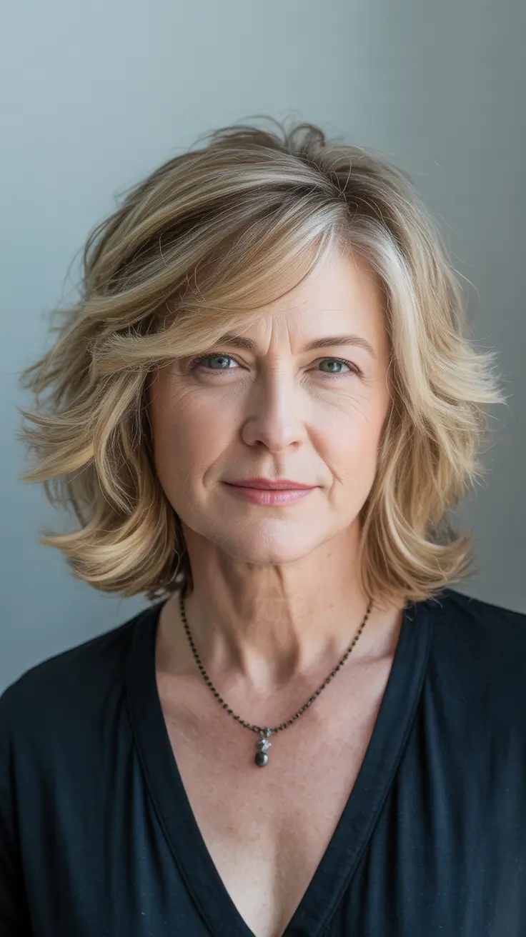 fall haircuts for women over 50 2025 – Feathered Mid-Length Shag with Side Part
