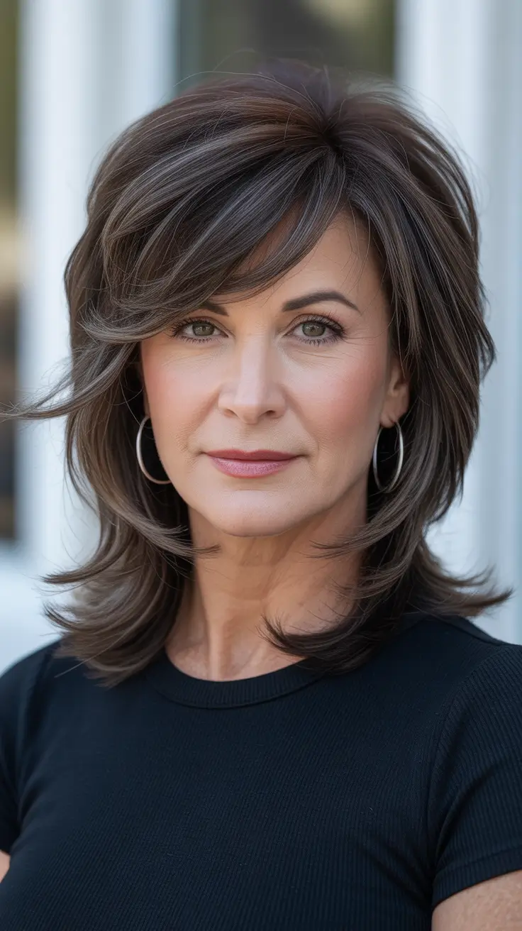 fall haircuts for women over 50 2025 – Feathered Long Shag with Curtain Fringe