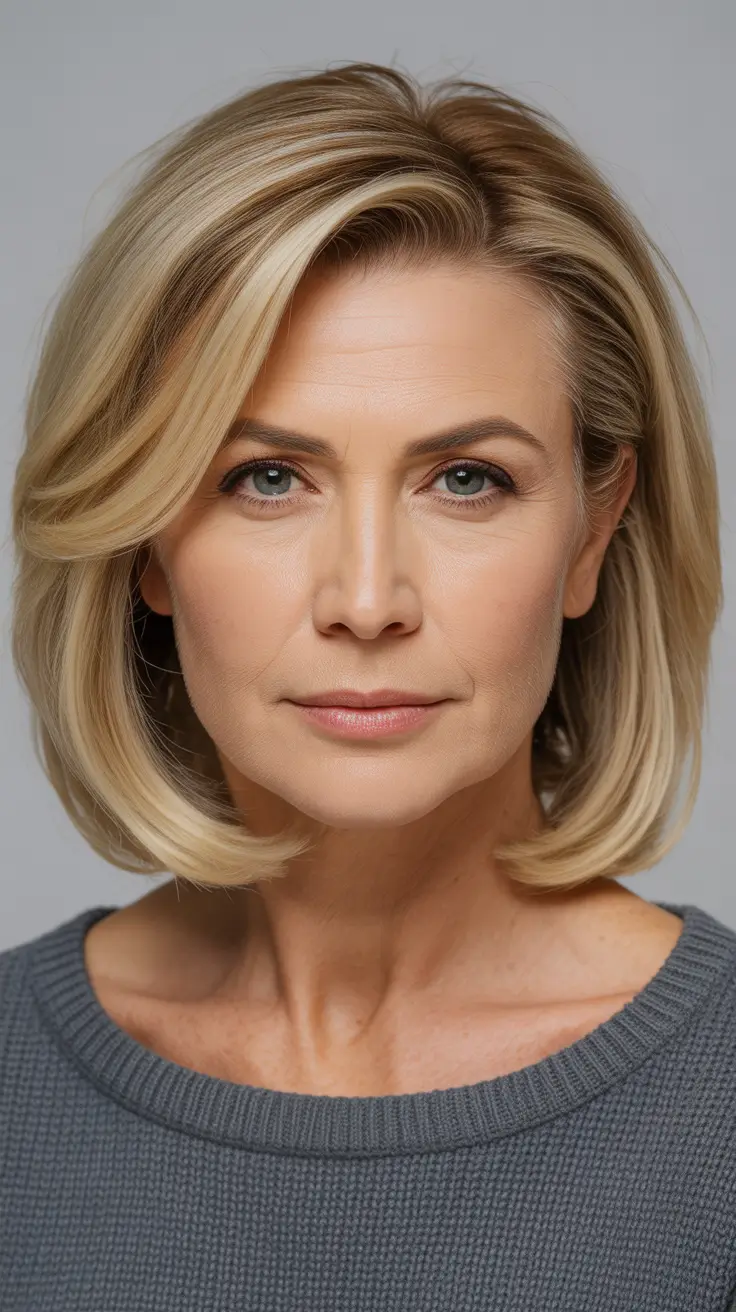 fall haircuts for women over 50 2025 – Polished Swoopy Lob with Butter-Blonde Ribbons