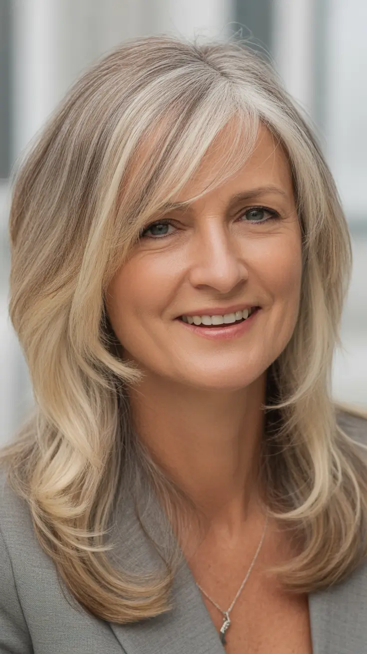 Fall 2025 Haircut That Flatter Women 50+ – Silver-Blend Layers with Side-Light Fringe