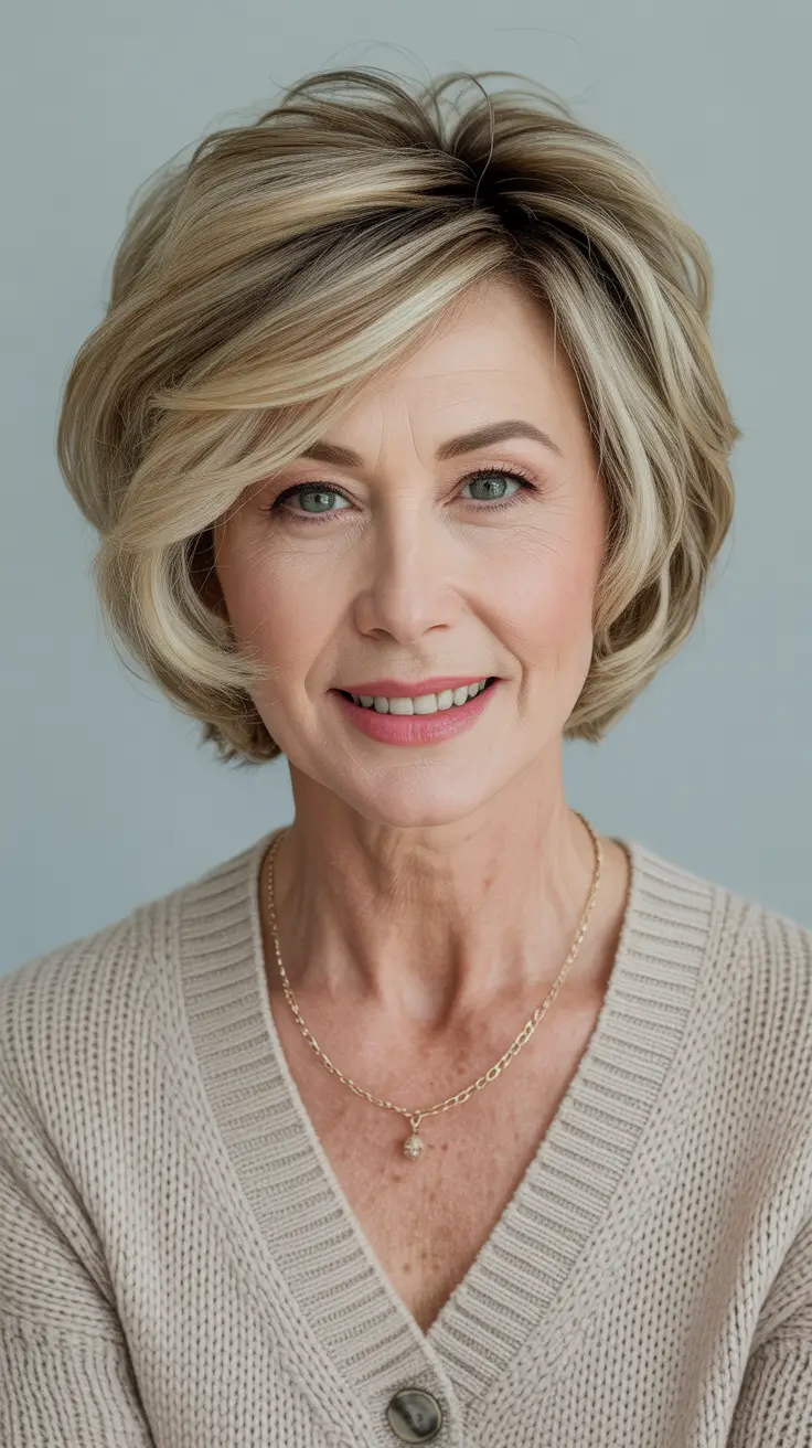 fall haircuts for women over 50 2025 – Volume Stacked Bob with Peekaboo Highlights
