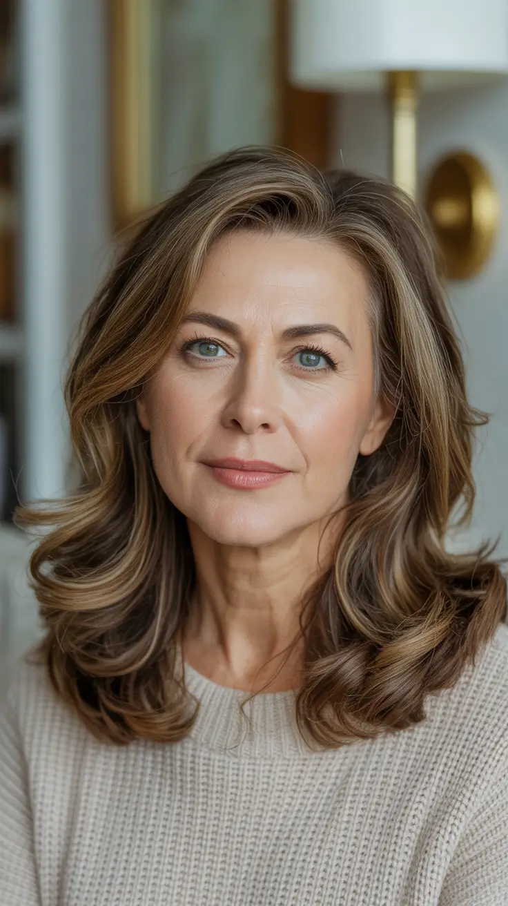 fall haircuts for women over 50 2025 – Face-Framing Mid-Length Layers with Sweeping Part