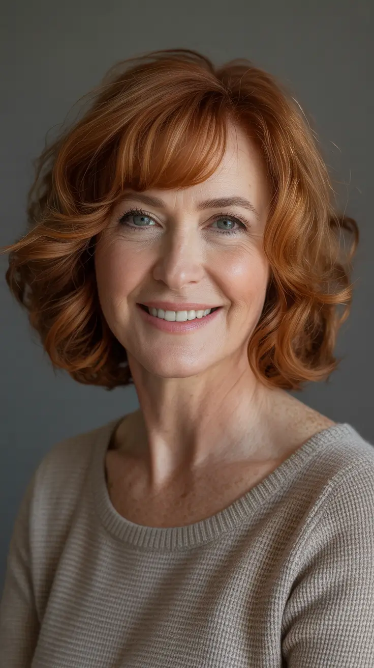 fall haircuts for women over 50 2025 – Curly Copper Bob with Soft Fringe