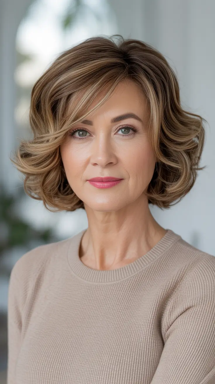 Fall 2025 Haircut That Flatter Women 50+ – Textured Curly Bob with Side Sweep