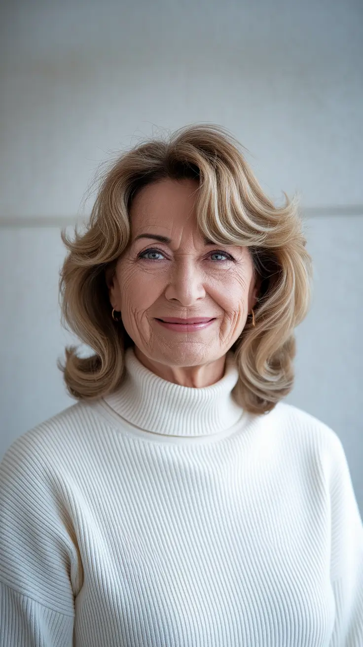 Elegant Fall 2025 Haircut Inspiration for Women Over 60 – Feathered Shoulder-Length Blowout with Curtain Lift