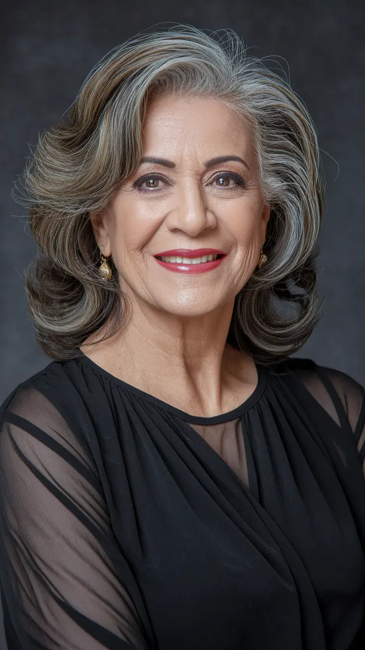 Elegant Fall 2025 Haircut Inspiration for Women Over 60 – Voluminous Salt-and-Pepper Layers with Side Sweep