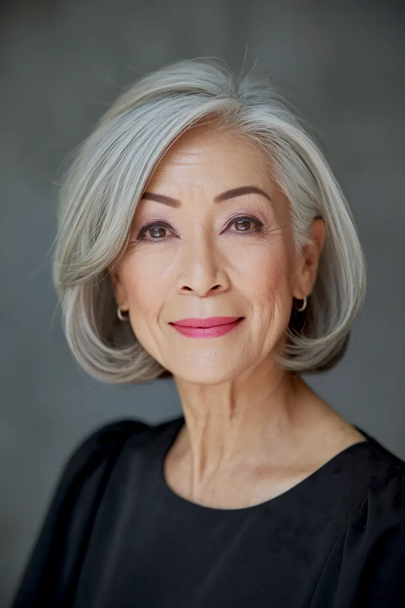 Elegant Fall 2025 Haircut Inspiration for Women Over 60 – Silver Contour Bob with Swooped Side Part
