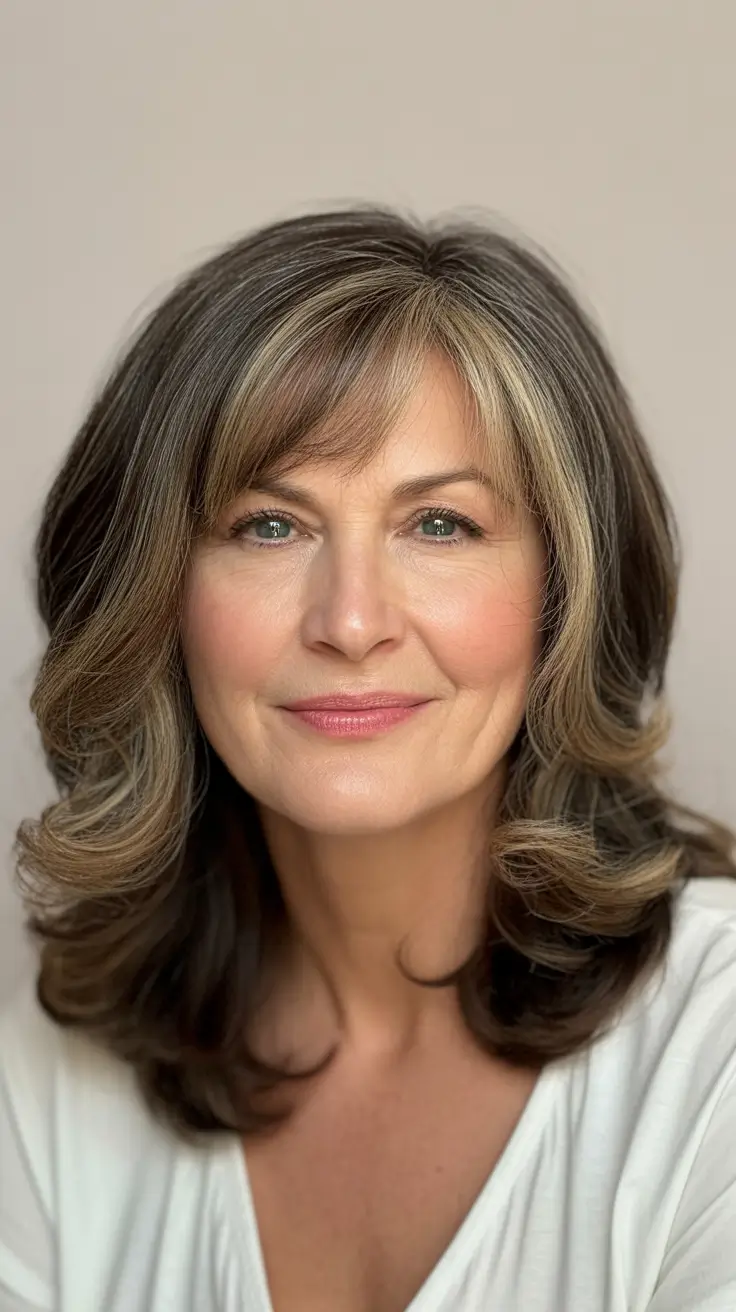 Elegant Fall 2025 Haircut Inspiration for Women Over 60 – Ribbon-Highlighted Mid-Length with Curtain Fringe