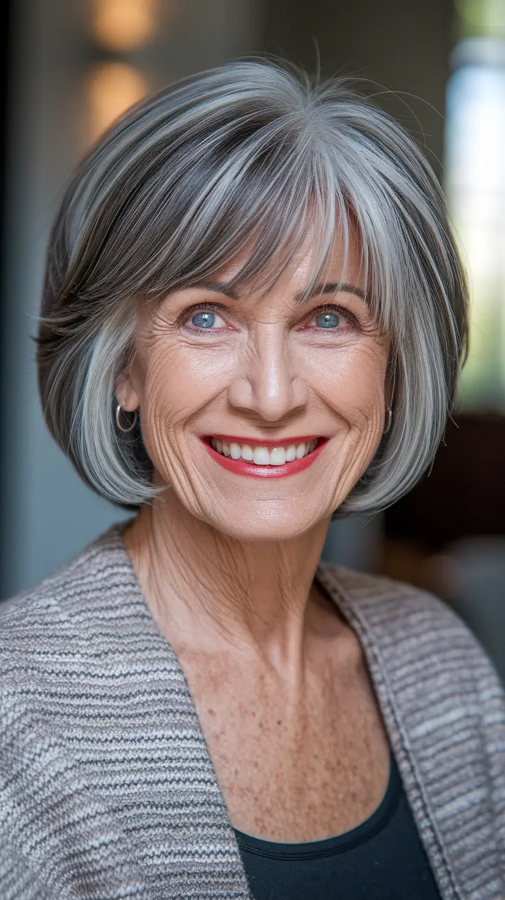 Elegant Fall 2025 Haircut Inspiration for Women Over 60 – Salt-and-Pepper Rounded Bob with Light Bangs