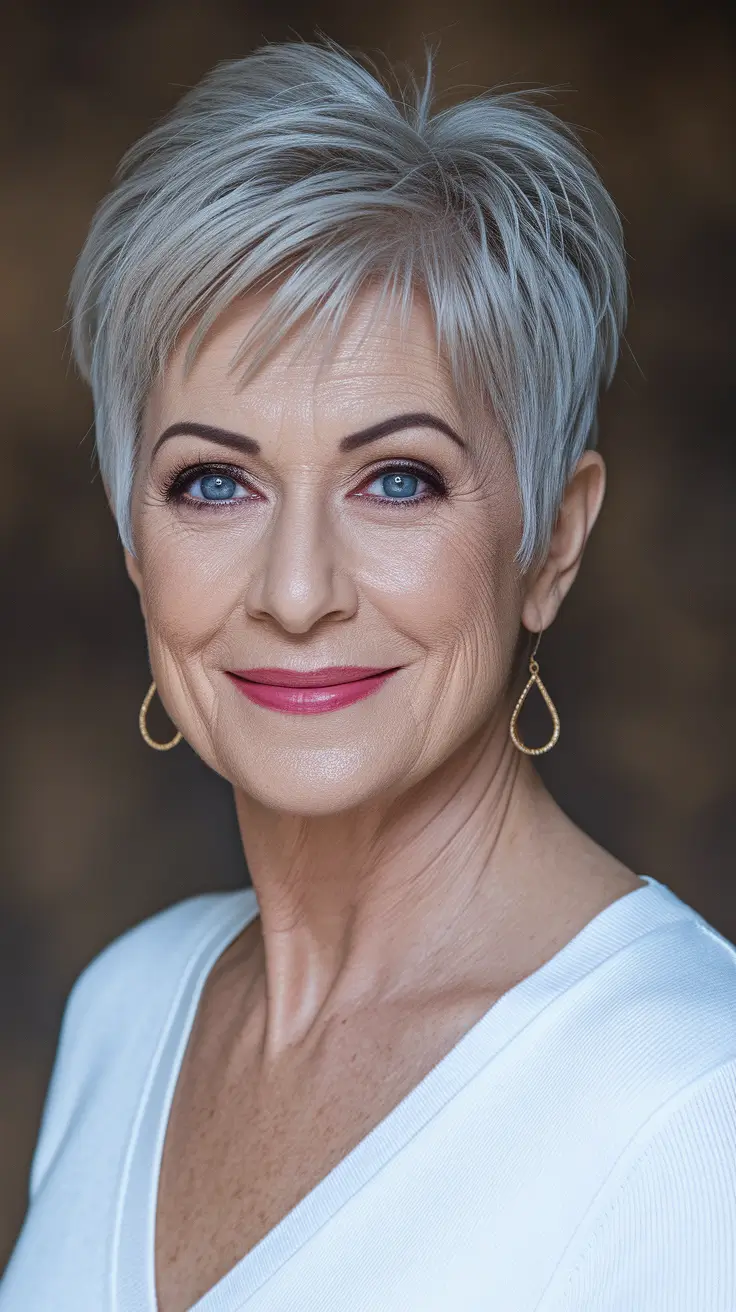 Elegant Fall 2025 Haircut Inspiration for Women Over 60 – Piecey Ice-Pixie with Whisper Bangs