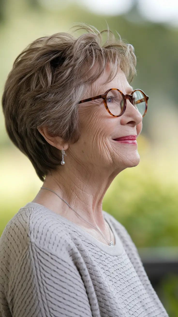 Elegant Fall 2025 Haircut Inspiration for Women Over 60 – Soft Shaggy Pixie with Warm Brunette Lowlights