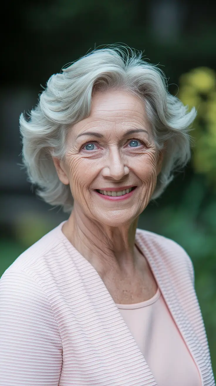 Elegant Fall 2025 Haircut Inspiration for Women Over 60 – Feathered Silver Crop with Soft Flip