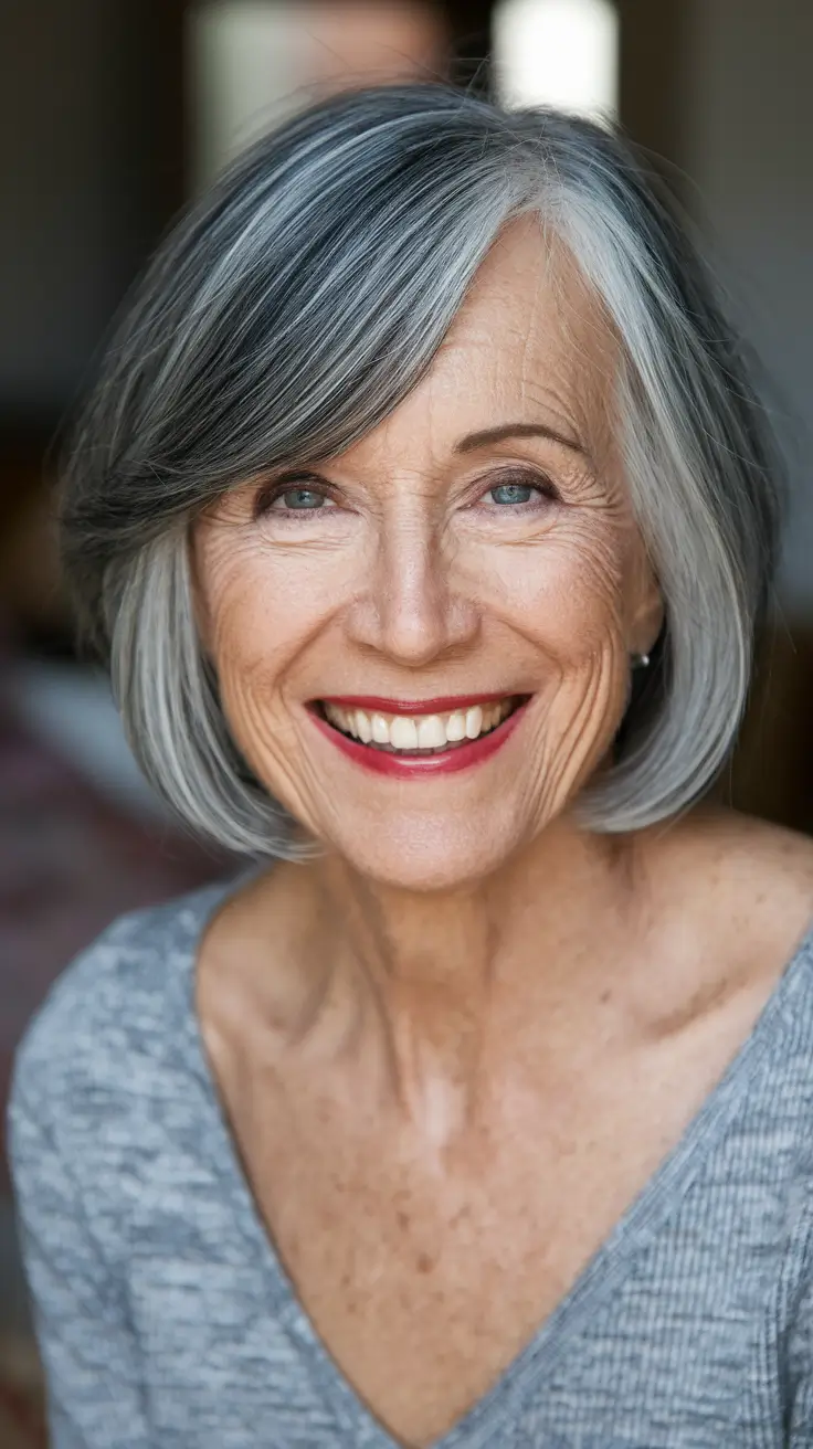 Elegant Fall 2025 Haircut Inspiration for Women Over 60 – Salt-and-Pepper Stacked Bob with Side-Swept Fringe