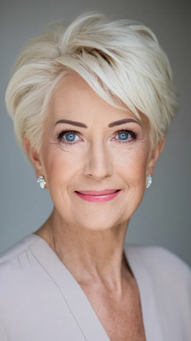 Elegant Fall 2025 Haircut Inspiration for Women Over 60 – Platinum Textured Pixie with Swept Fringe