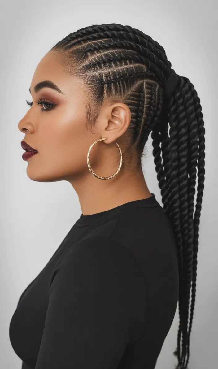 Fall 2025 Hairstyles for Black Women – Sculpted Cornrow Ponytail with Jumbo Twists