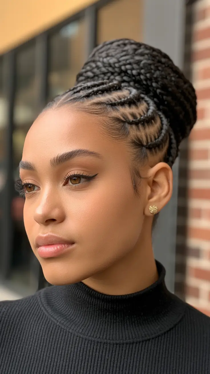 fall hairstyle black women – Swirl-Pattern Cornrow Bun for Work-to-Weekend