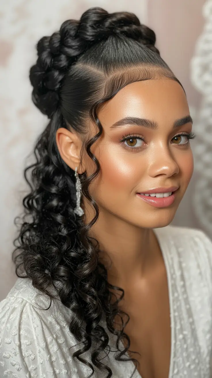 Fall 2025 Hairstyles for Black Women – Regal Braided Crown Half-Up with Glossy Curls