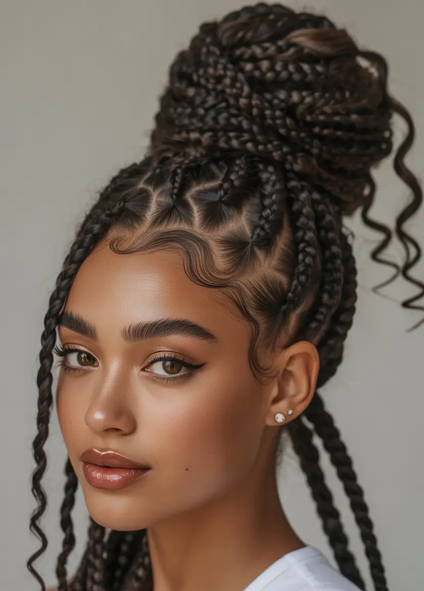 Fall 2025 Hairstyles for Black Women – Stitch-Braided Topknot with Curly Tails