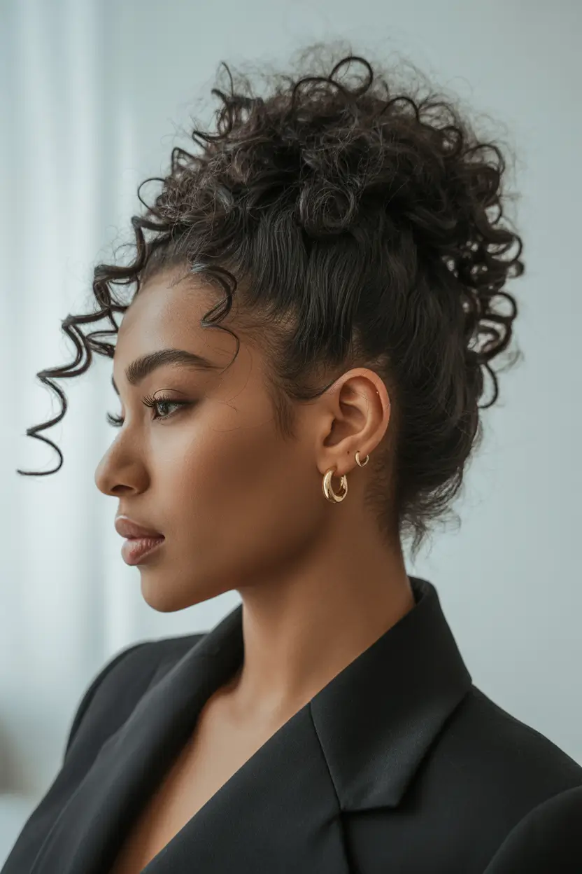 fall hairstyle black women – Cloud-Bun Updo with Face-Framing Curls