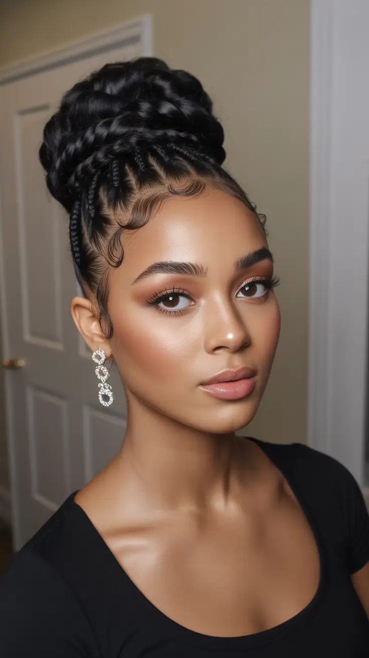 fall hairstyle black women – Sculpted Topknot with Braided Linework
