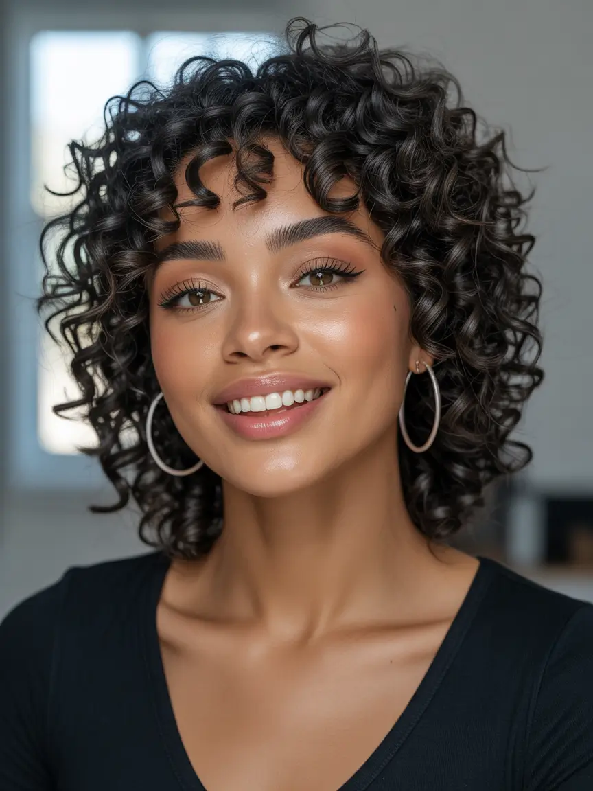 fall hairstyle black women – Curly Layered Bob with Soft Fringe