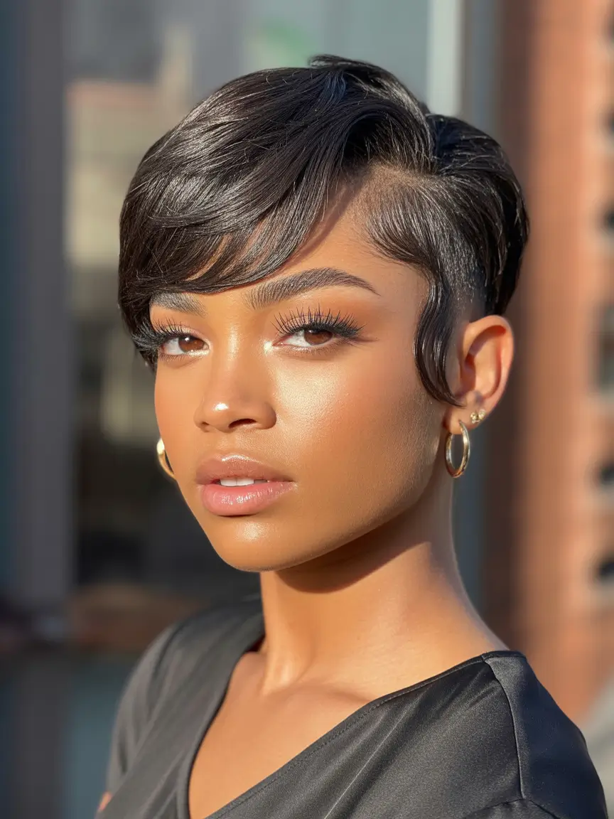 Fall 2025 Hairstyles for Black Women – Sleek Side-Swept Pixie with Soft Waves