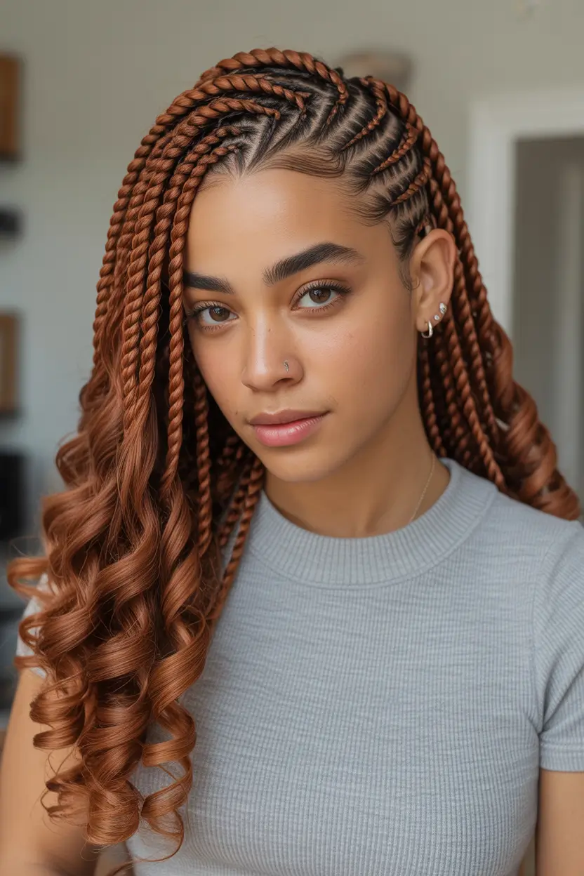 Fall 2025 Hairstyles for Black Women – Copper Boho Knotless Braids with Curly Ribbons