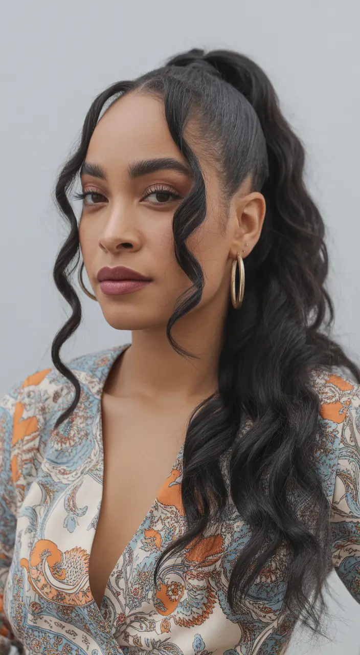 fall hairstyle black women – High Pony with S-Curve Waves and Gloss