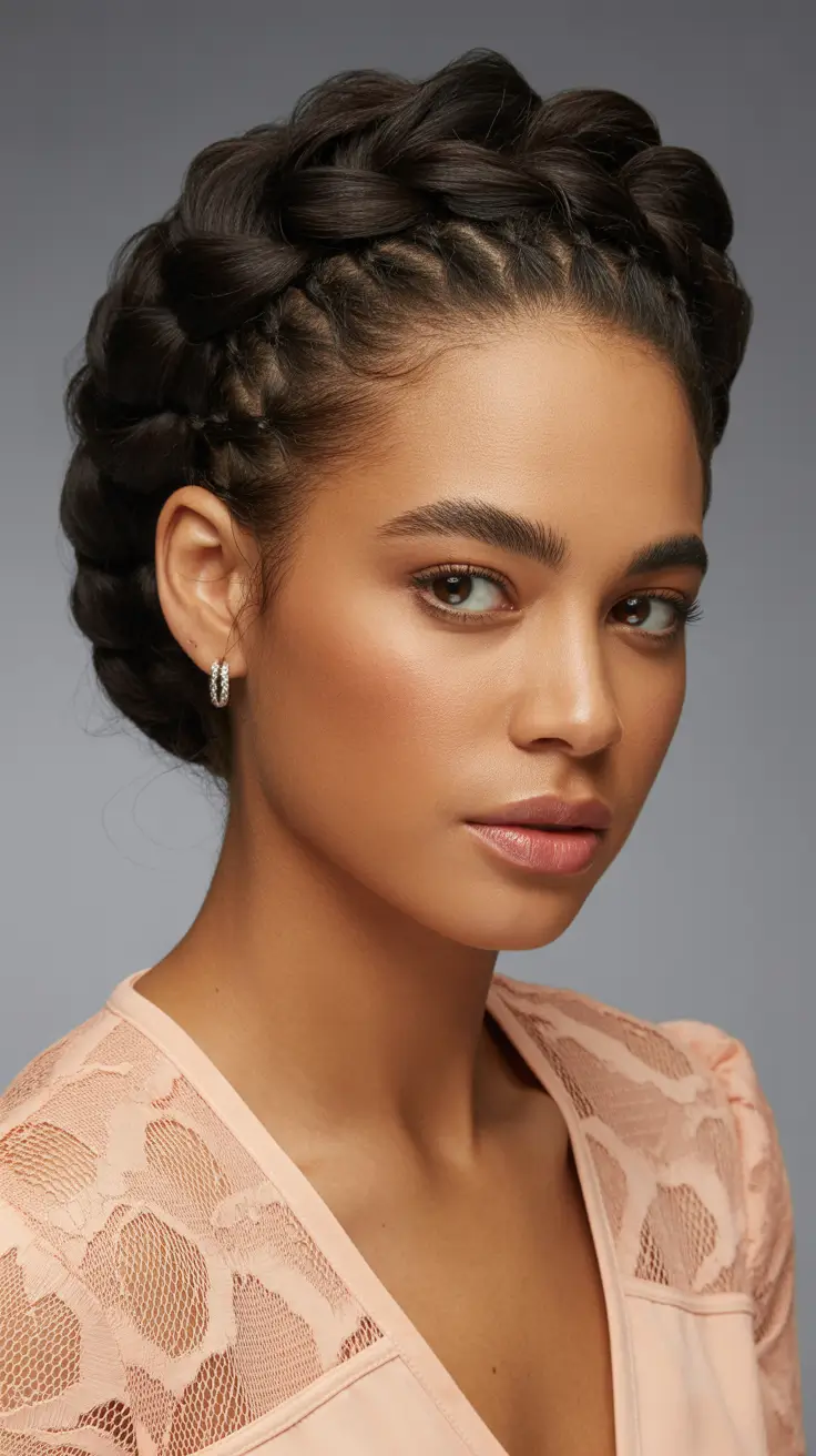 fall hairstyle black women – Halo Crown Braid with Soft Glow Skin