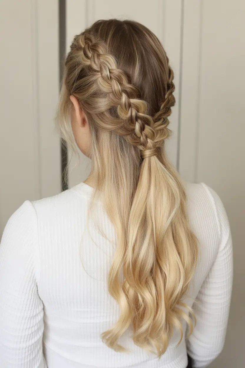 fall hairstyle for long hair — Double Crown Braids into Tailored Lengths