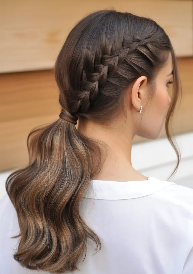 Best Fall hairstyle for Long Hair in 2025 – Side-Laced Braid into Low Pony