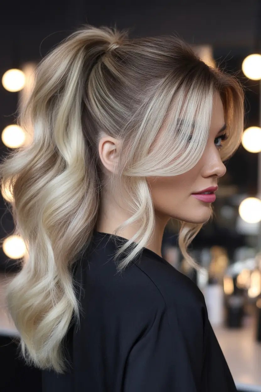 Best Fall hairstyle for Long Hair in 2025 – High Pony with Curtain Bangs & Money-Piece Glow