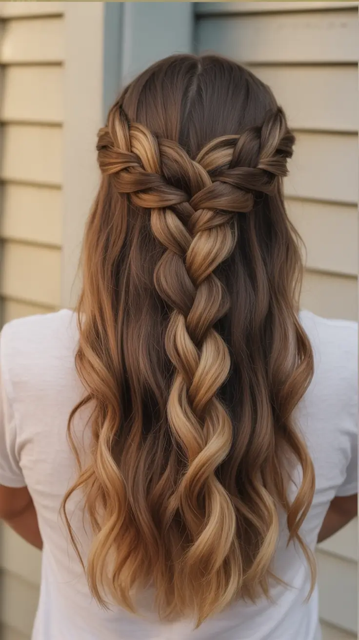 fall hairstyle for long hair — Twisted Half-Up With Center Braid and Caramel Waves