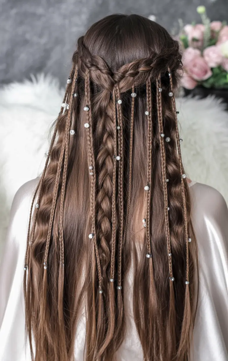 fall hairstyle for long hair — Boho Micro-Braids With Sparkle Strands