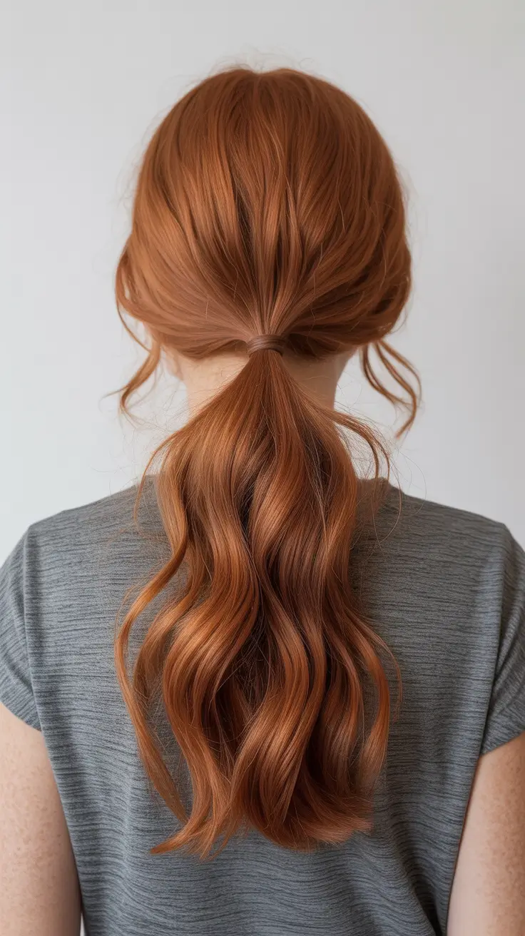 fall hairstyle for long hair — Low Wrapped Pony With Soft Copper Waves