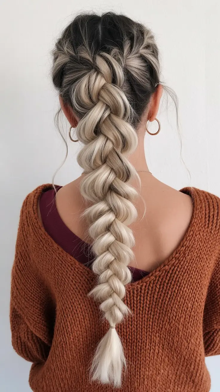 fall hairstyle for long hair — Oversized Pancaked Dutch Braid With Root Shadow