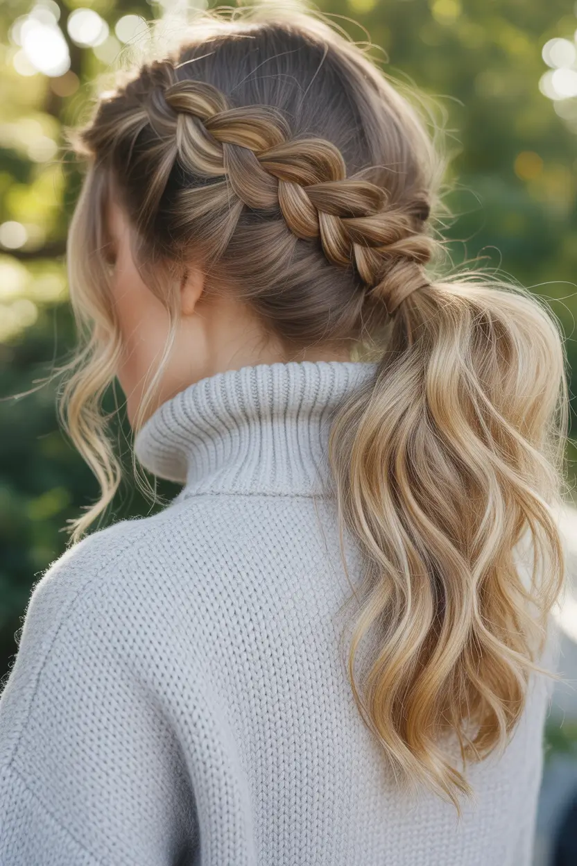 fall hairstyle for long hair — Soft Side Braid Into a Low Wavy Pony