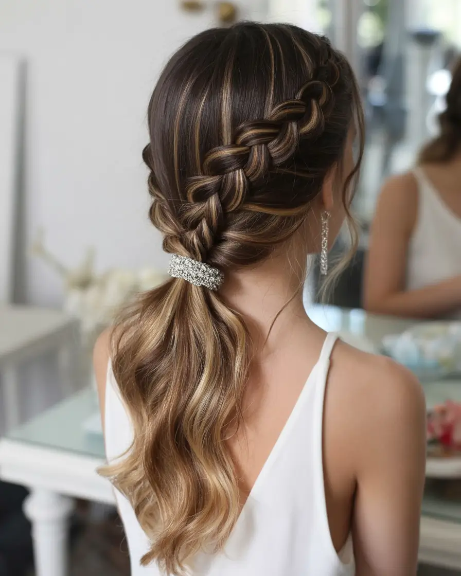 fall hairstyle for long hair — Swept Braid with Sleek Ribboned Pony